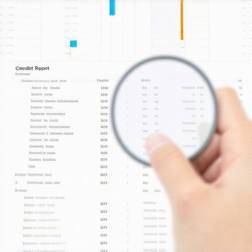 Close-up of a hand holding a magnifying glass over a detailed credit report to find errors.