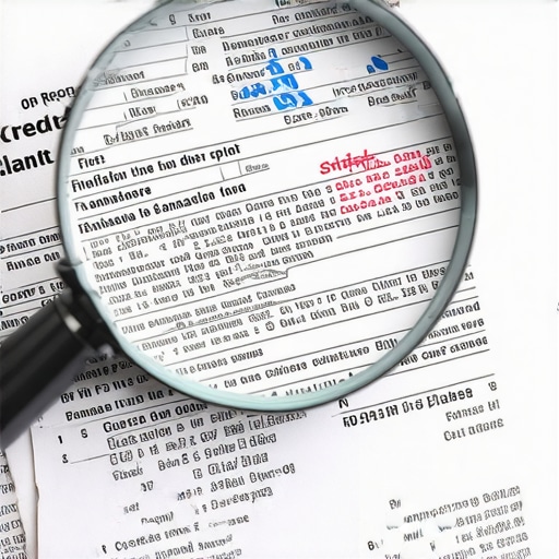 Close up of credit report auditing with a magnifying glass