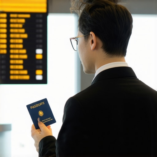 A traveler holding a credit card and passport at an airport terminal.