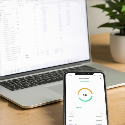 A clean desk with a laptop and phone showing financial data and a high credit score.