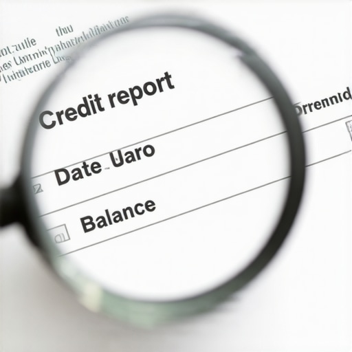 Magnifying glass showing a detailed error on a credit report document.