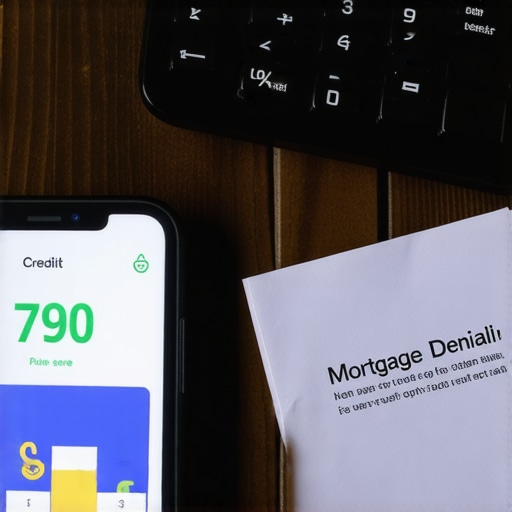 A smartphone showing a 790 credit score next to a calculator and a loan denial document on a desk
