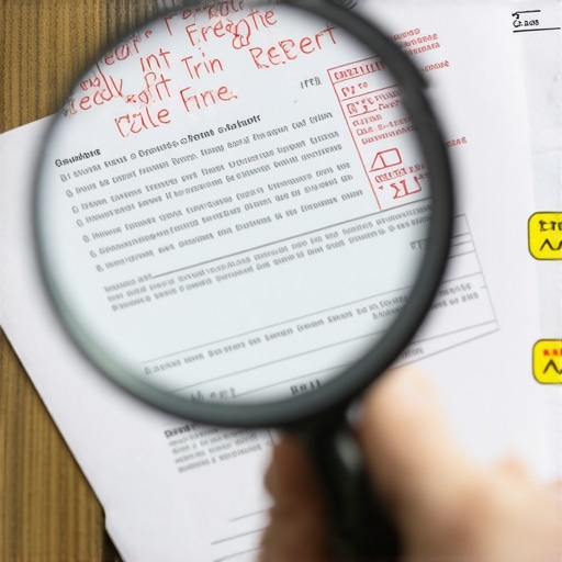 A magnifying glass highlighting errors and warnings on a financial credit report.