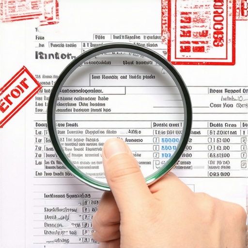 A person using a magnifying glass to find errors on a detailed credit report