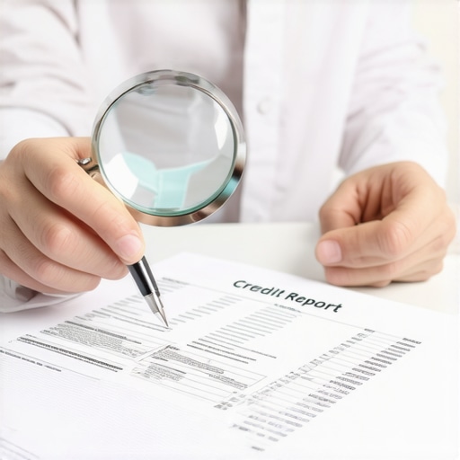 A close up of a person using a magnifying glass to find errors on a detailed credit report document.