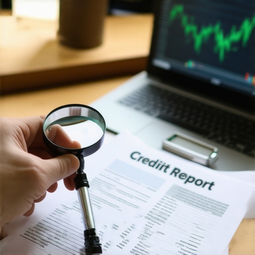 Close up of credit report analysis with magnifying glass and laptop