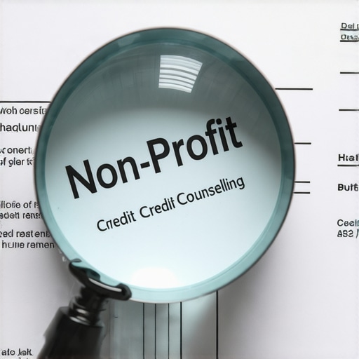 A magnifying glass over a contract emphasizing the importance of checking credit counseling details.