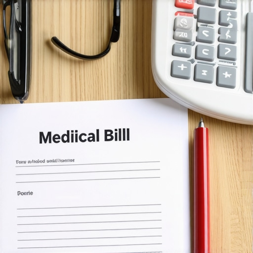 Person reviewing a medical bill for errors using a red pen and calculator.