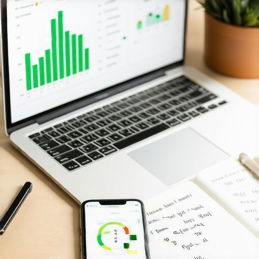 Person managing their finances using digital and physical tools for credit score maintenance.