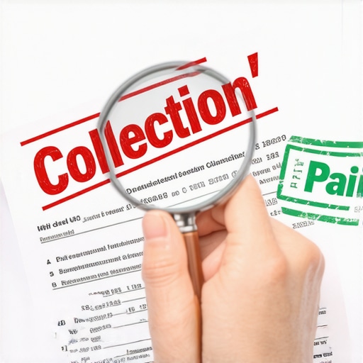 Close up of a credit report showing a collection account marked as paid under a magnifying glass.
