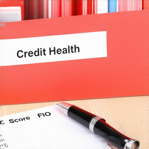 A physical credit health folder with FICO score reports and a pen on a desk.