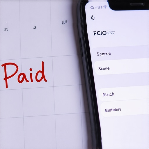 A wall calendar with debt payment markings next to a FICO score monitoring app on a phone.