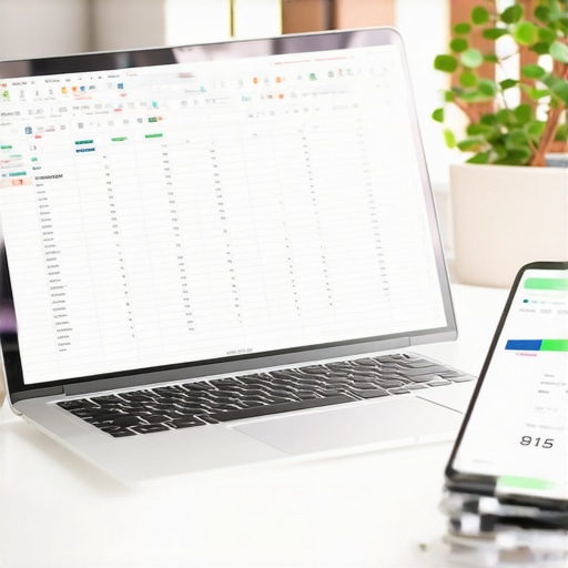 A modern desk with a financial spreadsheet and an 815 credit score displayed on a phone.