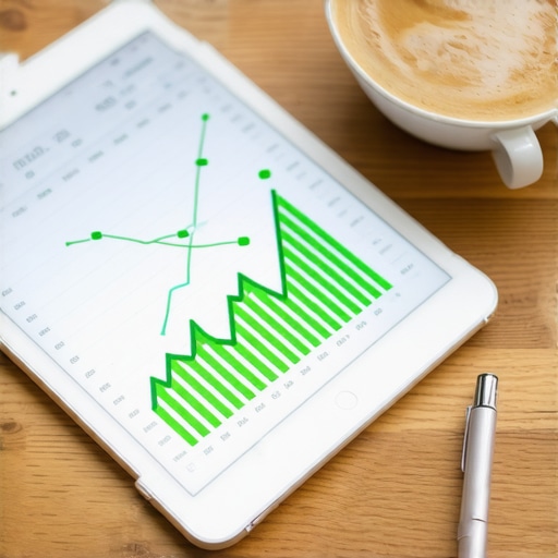 A tablet showing a financial progress chart with a rising green line representing credit score improvement.