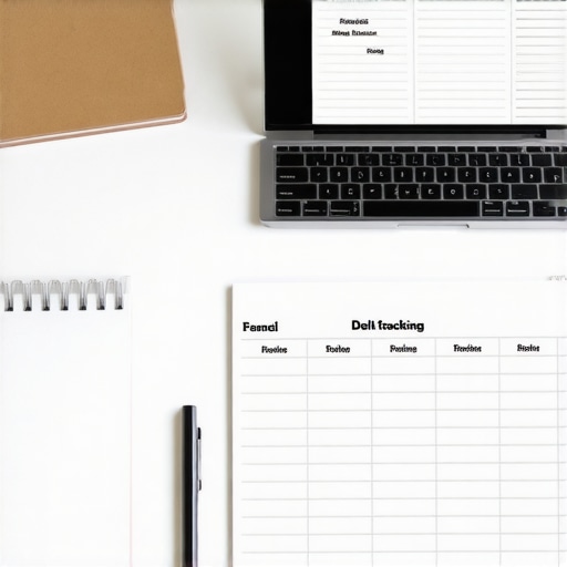 A clean desk with a financial planner and a laptop showing a budget spreadsheet.