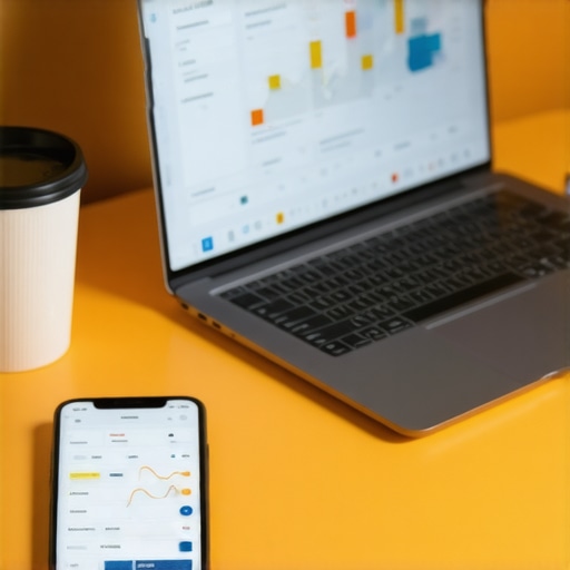 A desk with a laptop and phone displaying credit monitoring and budgeting tools.