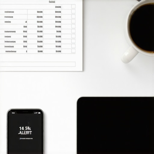 A workspace with a laptop and phone showing financial tracking and credit alerts.