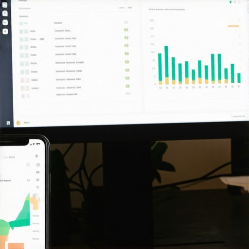Maintaining Financial Ledger and Credit Utilization Tools A clean desk showing a computer screen with financial tracking software and credit score data tools