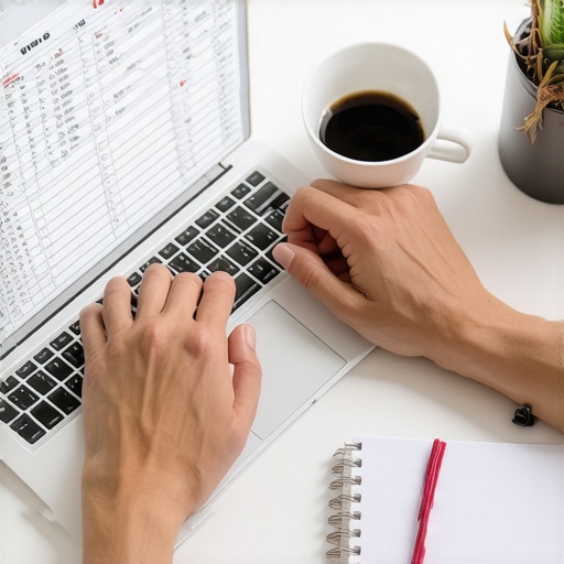 Hands using a financial spreadsheet on a laptop to maintain credit score health.