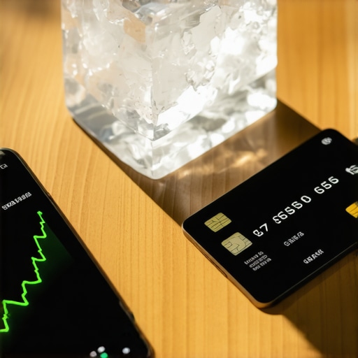 A smartphone showing a rising credit score graph next to a frozen credit card to represent financial discipline and maintenance.