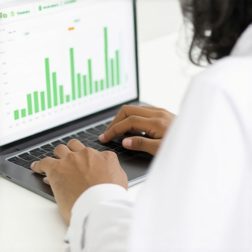 A clean, organized desk workspace with financial tools and a laptop tracking credit score improvements.