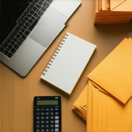 A freelancer organizing their finances and calculating debt payments at a clean workspace.
