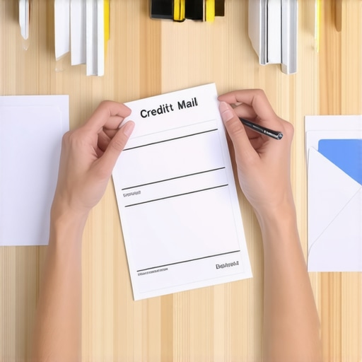 Hands organizing credit dispute letters and certified mail receipts on a desk.
