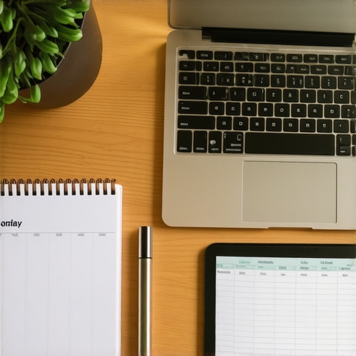 Manual Credit Maintenance Tools A physical calendar and laptop used for manual credit score tracking and debt management.