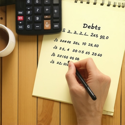 A person manually listing debts on a legal pad to gain financial control without apps.