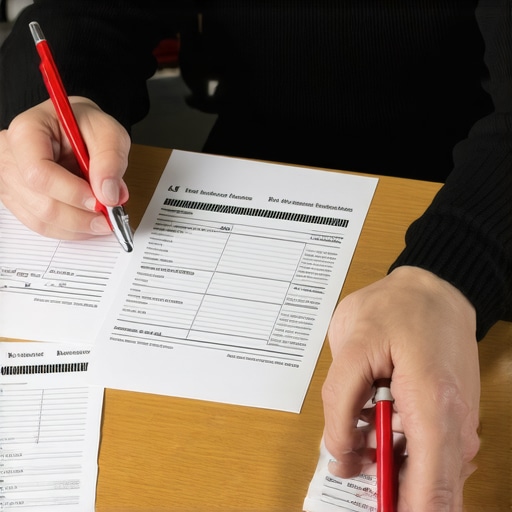 A person identifying duplicate debt entries on a credit report with a red pen.