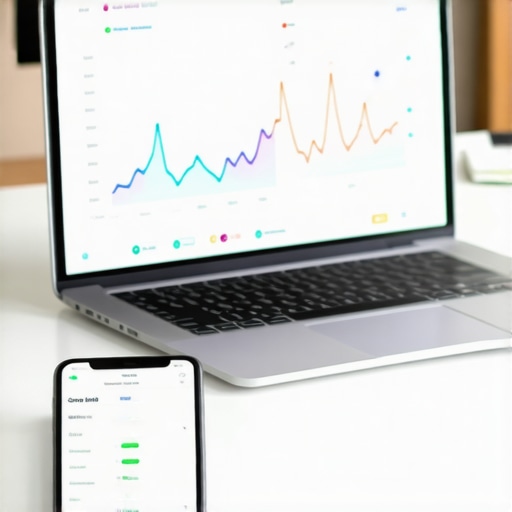 A laptop and smartphone showing credit score growth and financial tools on a clean desk.