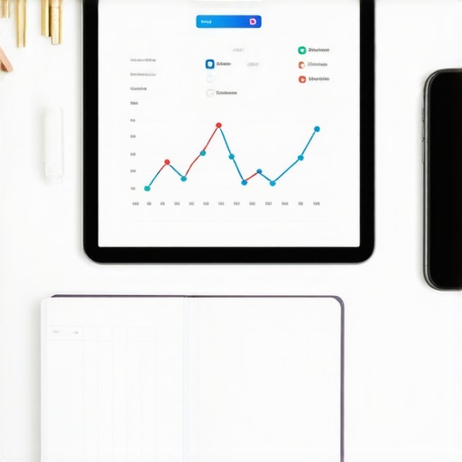 A digital tablet and paper planner on a desk used for tracking credit scores and financial habits.