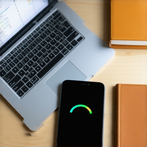 A laptop with a spreadsheet and a leather ledger representing simple financial tracking tools.