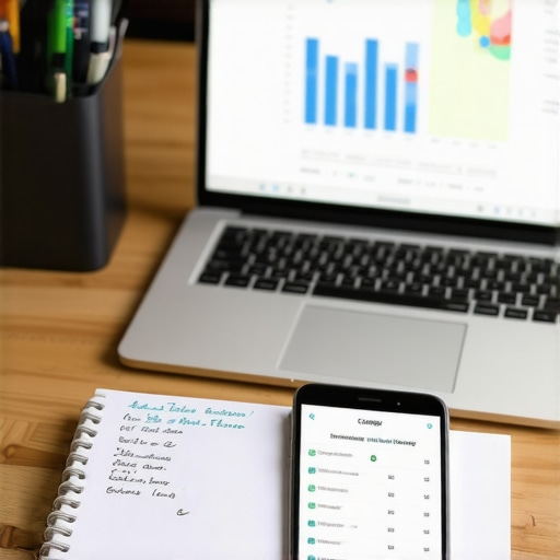 A desk setup showing digital and manual tools for credit score maintenance and monitoring.