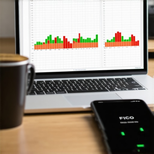 Modern Credit Monitoring and Spreadsheet Tools A laptop with a financial spreadsheet and a smartphone showing credit monitoring tools on a desk.