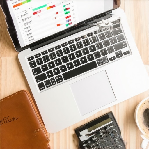 A home office setup showing a credit tracking spreadsheet and financial planning tools.
