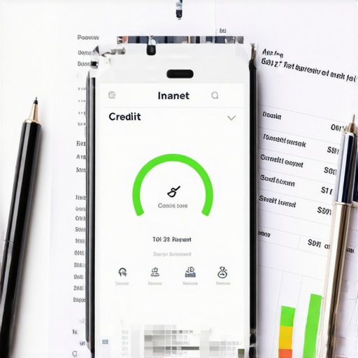 Modern credit score monitoring tools and financial documents Smartphone displaying a rising credit score on a desk with financial planning documents.