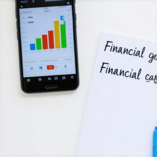 A smartphone displaying credit and budget charts next to a notepad on a clean workspace.