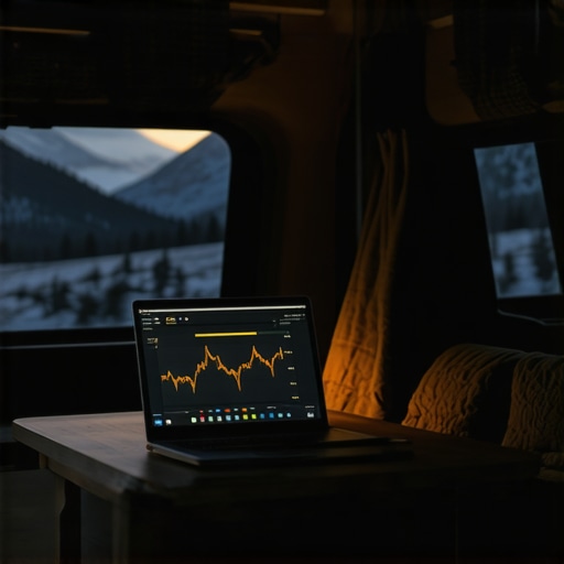 A nomad using a laptop inside a van to track credit score improvements and financial health.