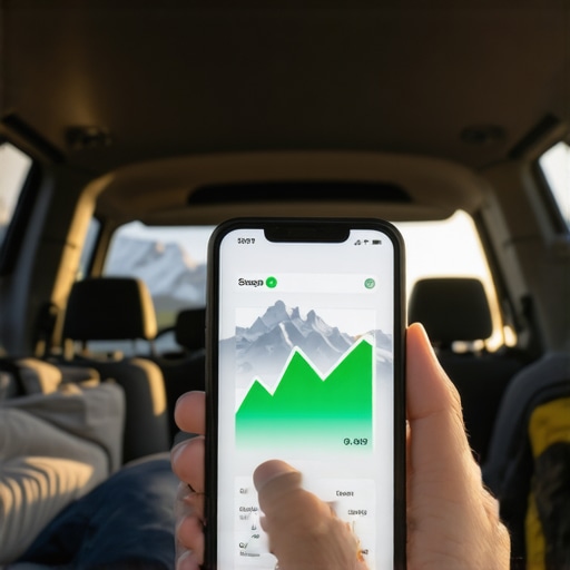 Person checking credit score inside a camper van with a view of mountains