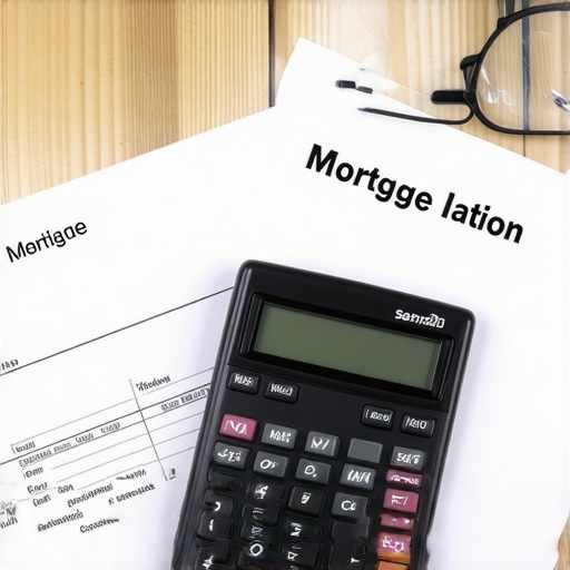 Calculator and mortgage documents used to calculate debt-to-income ratio for home loan approval.