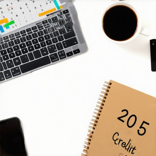 A person's home office desk setup for managing and tracking credit scores manually.