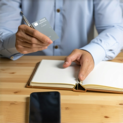 A person on a phone call with their bank holding a credit card and a notebook of financial notes.