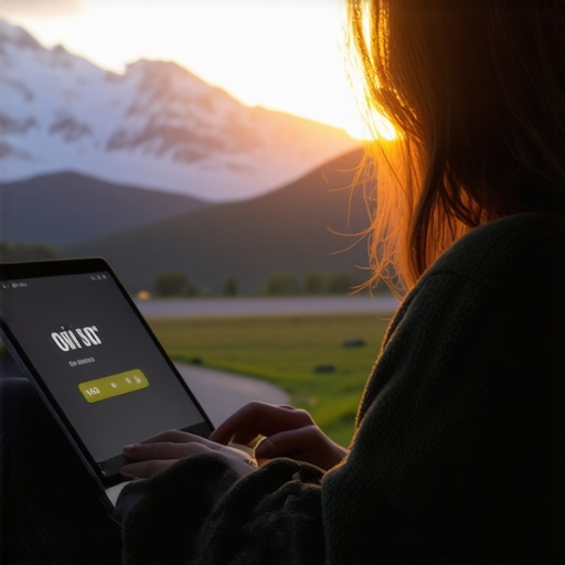 A traveler in a van checking their credit score during sunset.
