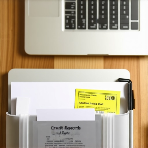 A person organizing certified mail receipts and credit records at a desk.