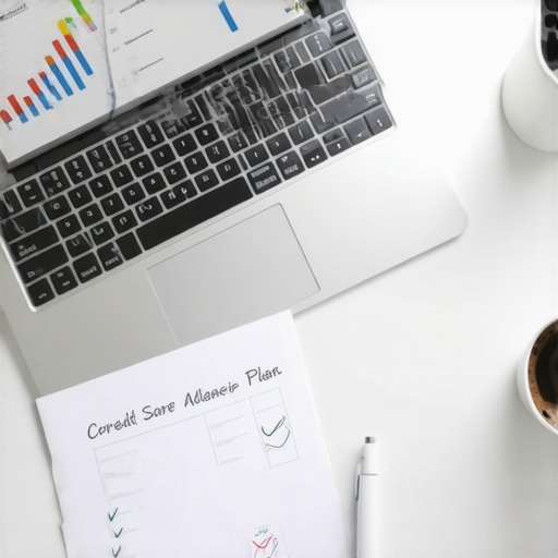 A desk with tools for manual credit monitoring and budgeting including a laptop and paper planner.