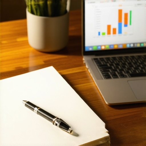 A desk with a paper ledger and laptop showing credit score growth representing debt management maintenance.