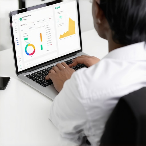 A person organizing financial files and checking credit scores on a laptop