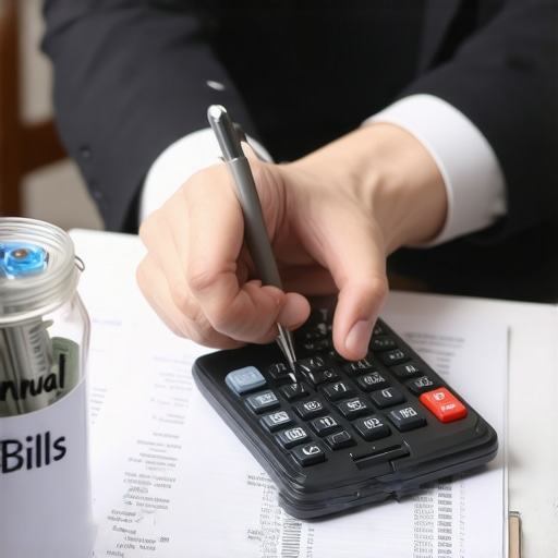 Organizing weekly savings for annual expenses. Hands using a calculator next to a financial planner and a savings jar for annual bills.