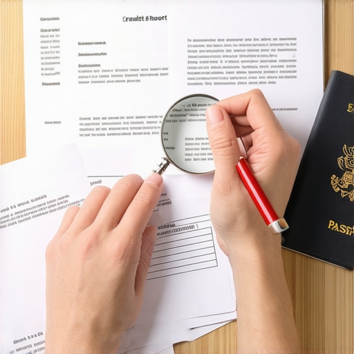 Organizing your credit dispute documents A desk with financial documents, magnifying glass, and a red pen used for credit repair and disputing errors.